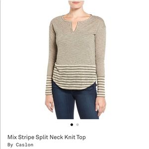 Caslon Mix Stripe Split Neck Top - Olive Beige